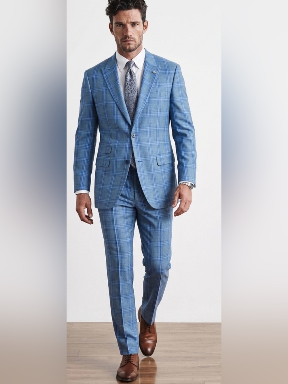 NWT Dominique Wilkins Men's Light Blue Windowpane Plaid Suit size 40L34L